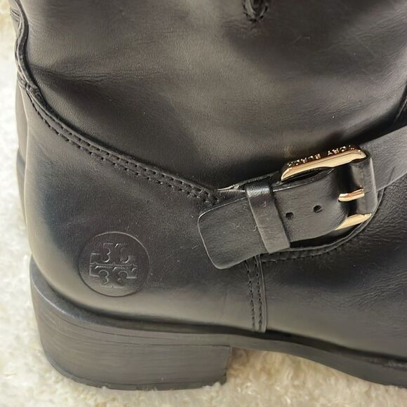 Tory Burch Black Leather Moto Boots Buckle Strap Ankle/Mid-Calf Boots Sz 7.5 - Picture 8 of 16
